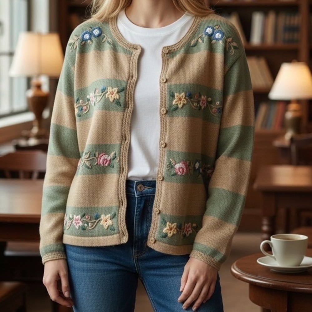 Talbots 90s Floral Embroidered Cardigan Sweater Stripe Cotton‎ Cottage Medium
